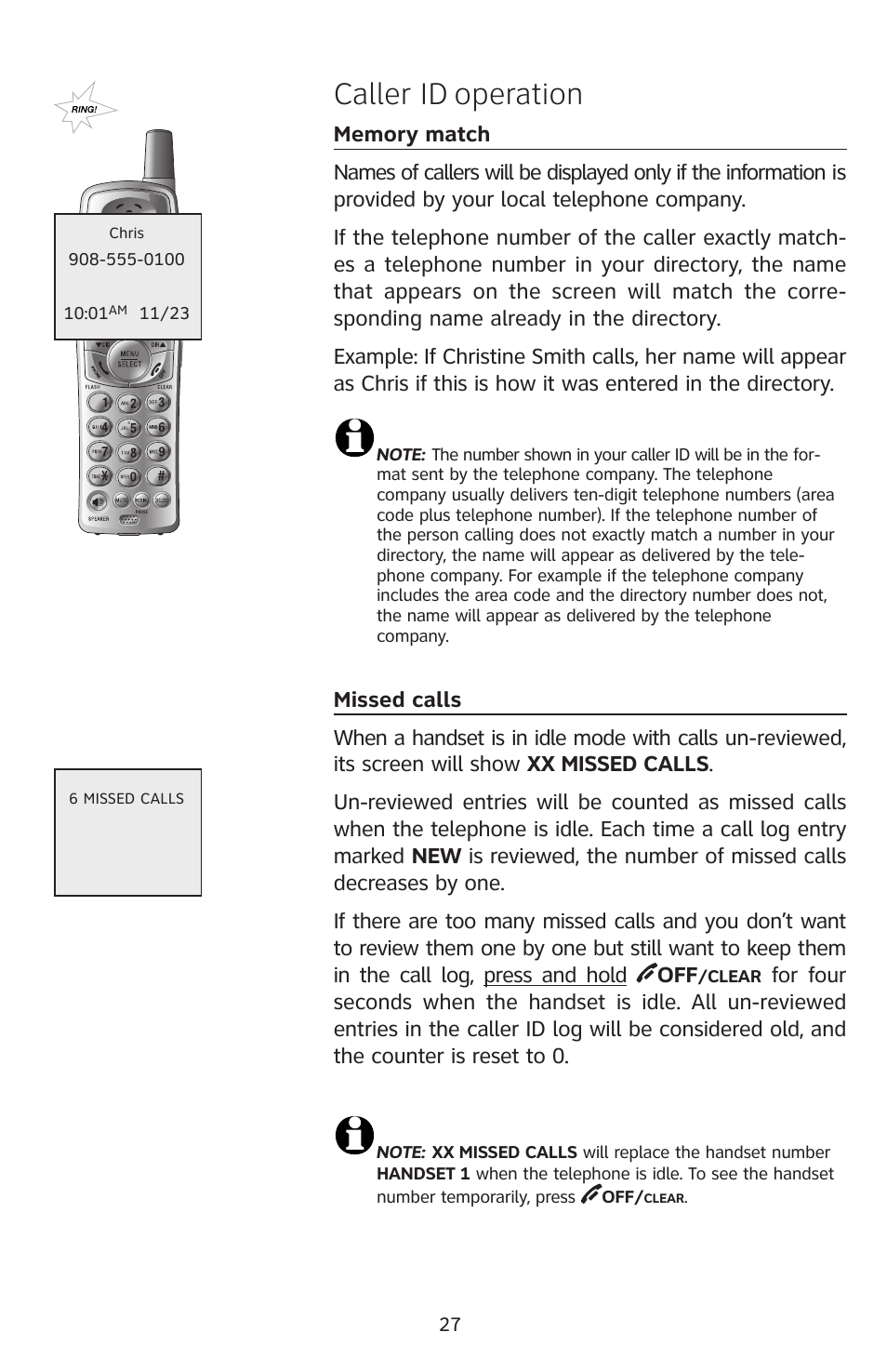 Memory match, Missed calls, Caller id operation | AT&T E2811 User Manual | Page 30 / 65
