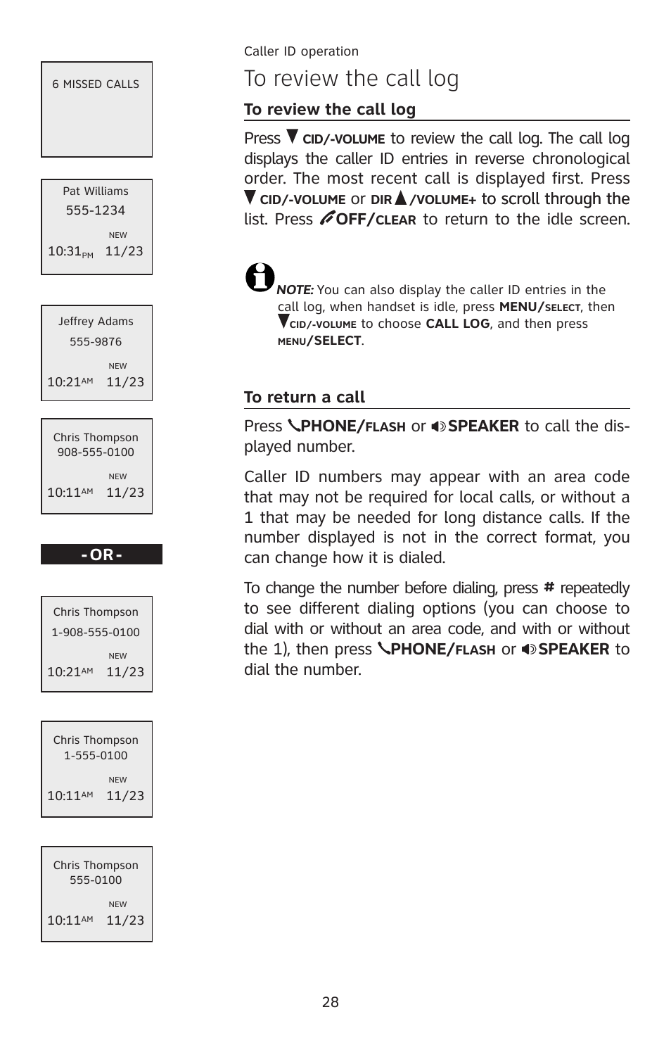 To review the call log, To return a call, Or speaker to dial the number | AT&T E2811 User Manual | Page 31 / 65