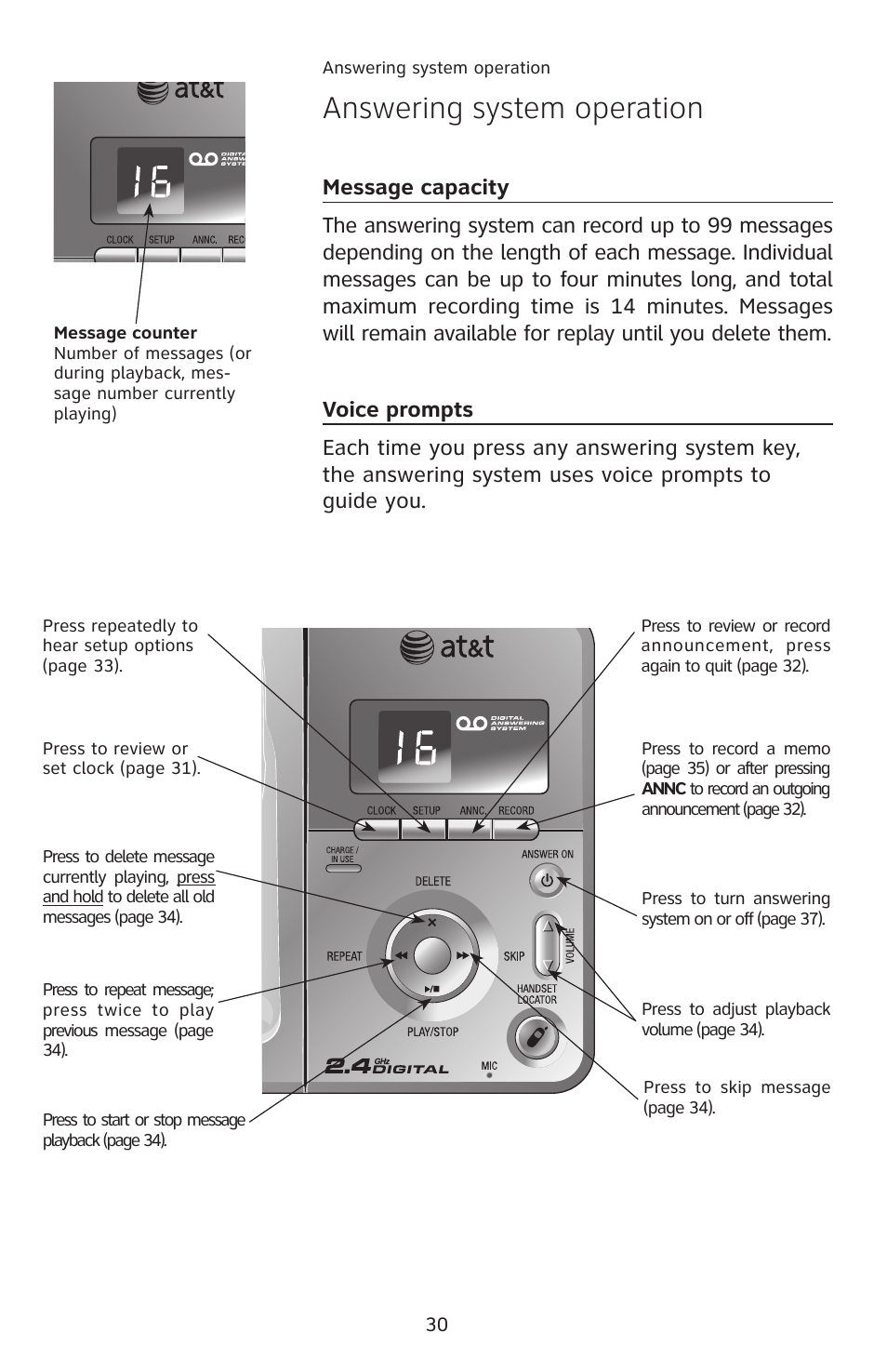 Answering system operation, Message capacity, Voice prompts | AT&T E2811 User Manual | Page 33 / 65