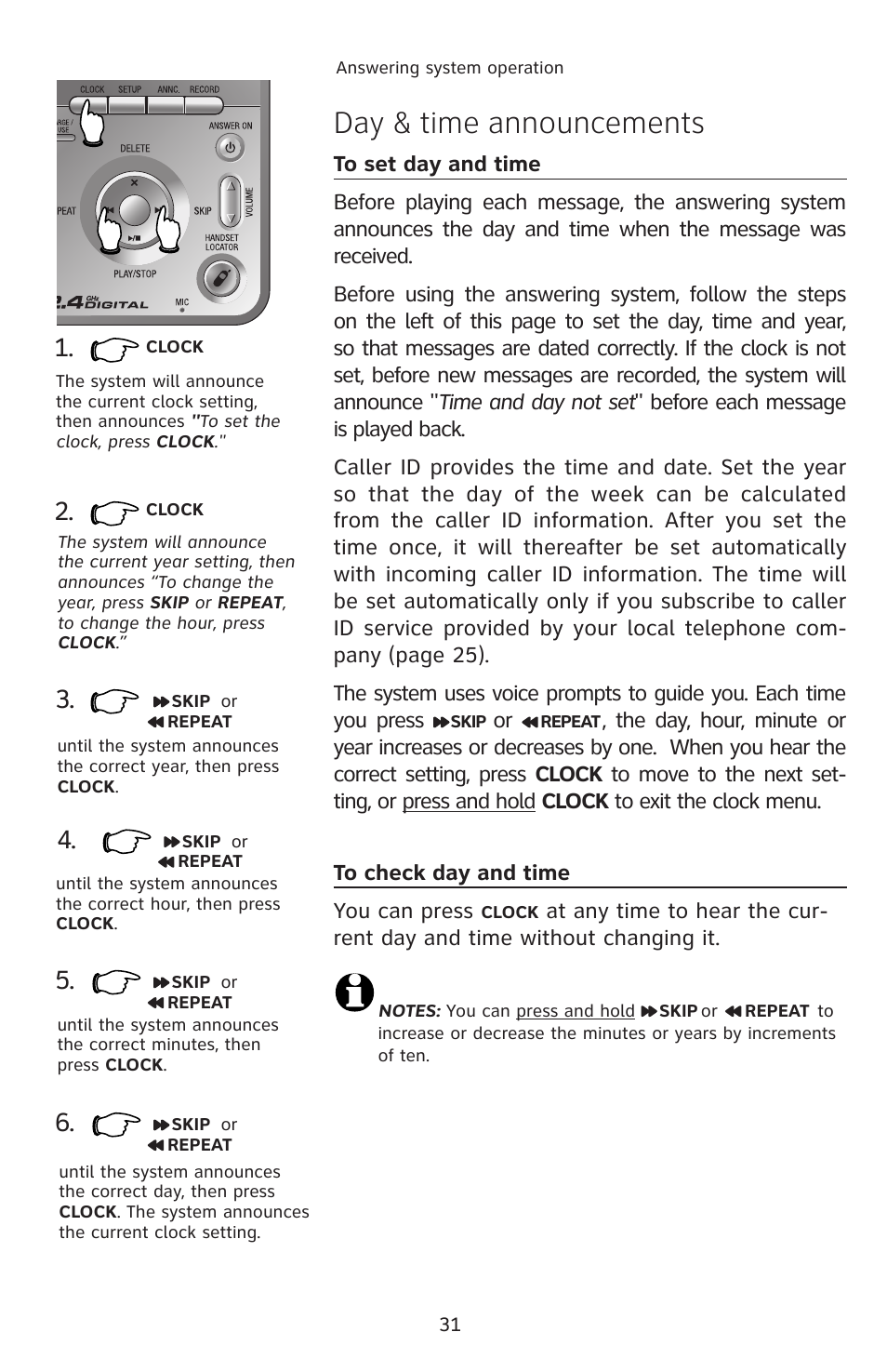 Day & time announcements, To set day and time, To check day and time | AT&T E2811 User Manual | Page 34 / 65