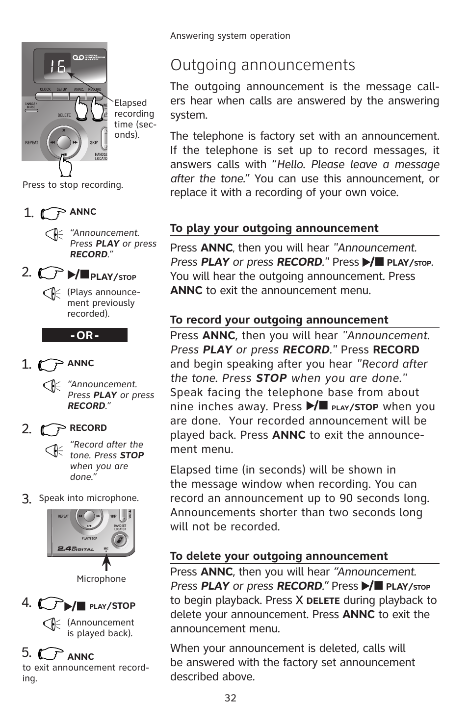 Outgoing announcements, To play your outgoing announcement, To record your outgoing announcement | To delete your outgoing announcement | AT&T E2811 User Manual | Page 35 / 65