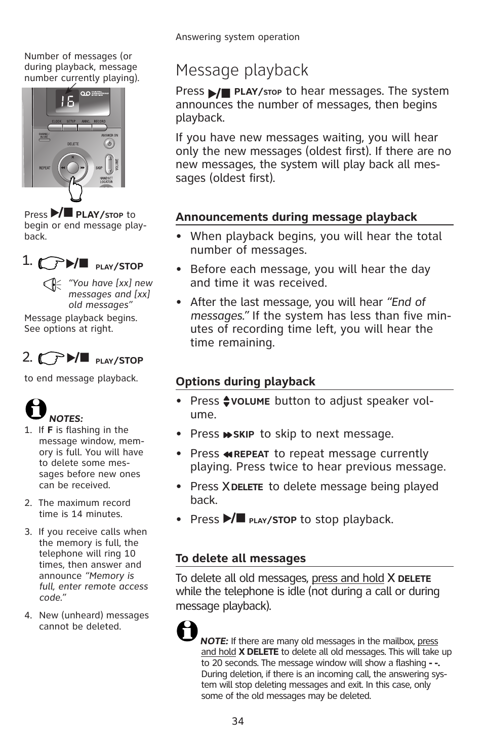 Message playback, Announcements during message playback, Options during playback | To delete all messages | AT&T E2811 User Manual | Page 37 / 65