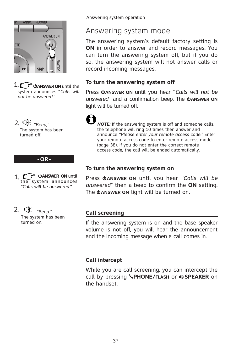 Answering system mode, To turn the answering system off, To turn the answering system on | Call screening, Call intercept | AT&T E2811 User Manual | Page 40 / 65