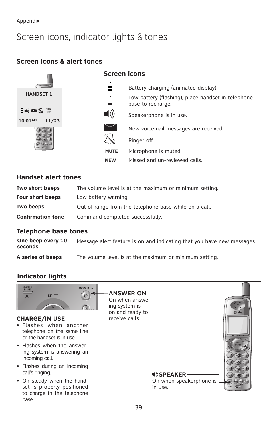 Appendix, Screen icons, indicator lights & tones, Screen icons & alert tones | Screen icons, Indicator lights, Handset alert tones, Telephone base tones | AT&T E2811 User Manual | Page 42 / 65
