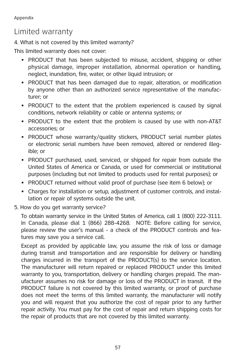 Limited warranty | AT&T E2811 User Manual | Page 60 / 65