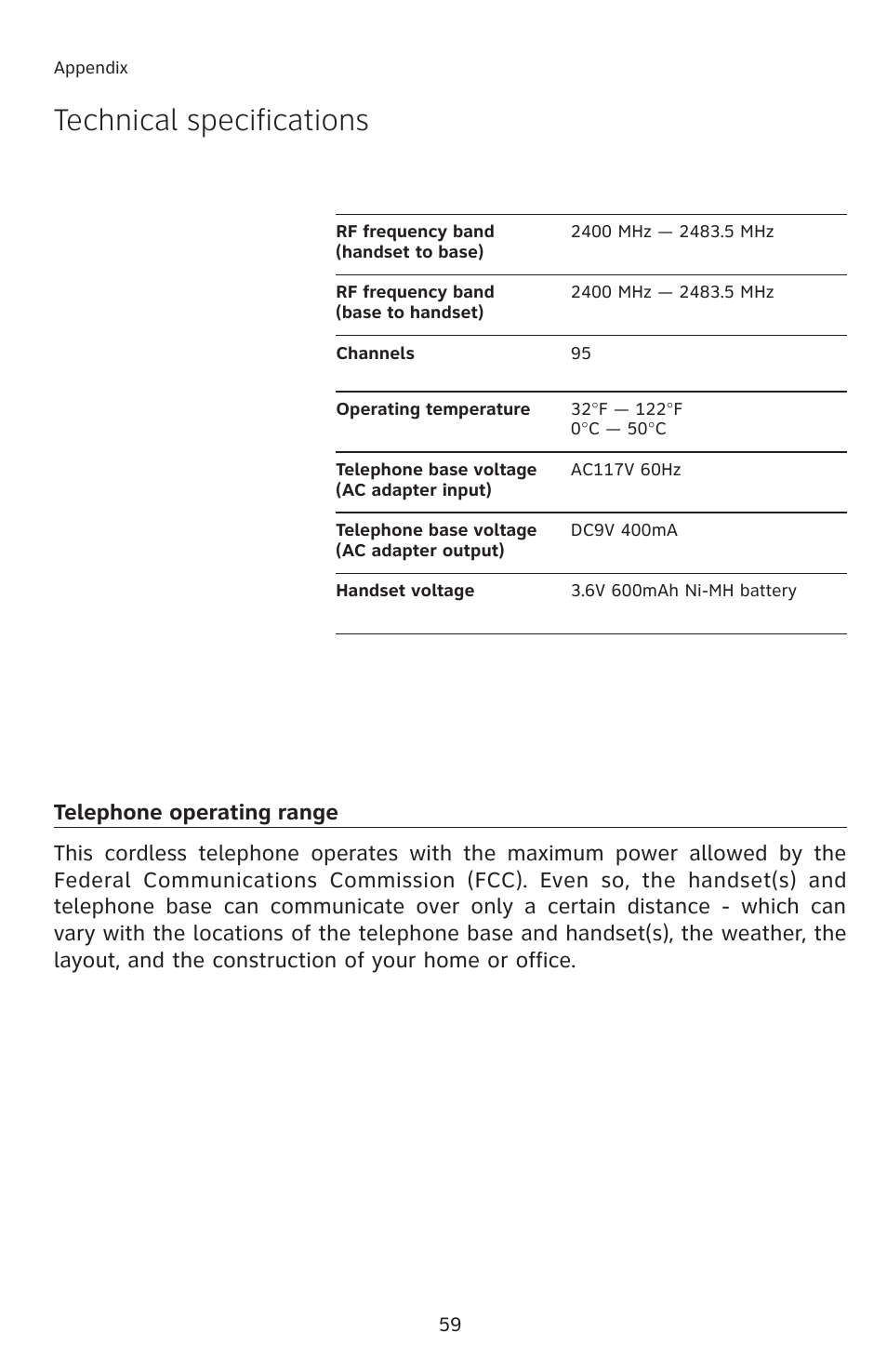 Technical specifications, Telephone operating range | AT&T E2811 User Manual | Page 62 / 65