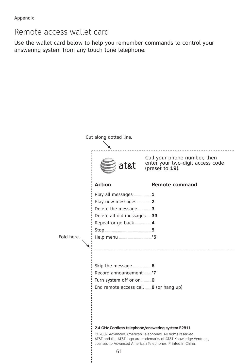 Remote access wallet card | AT&T E2811 User Manual | Page 64 / 65