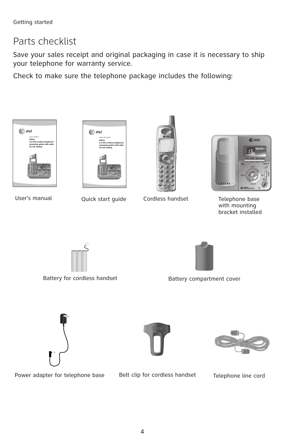 Parts checklist | AT&T E2811 User Manual | Page 7 / 65