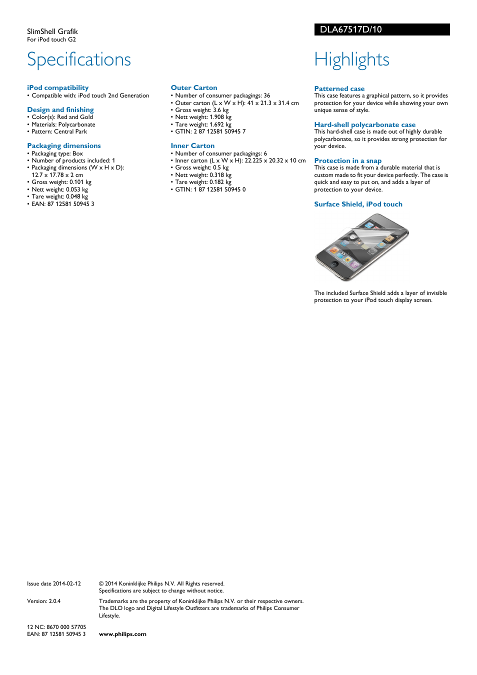 Specifications, Highlights | Philips DLO Coque fine Grafik User Manual | Page 2 / 2