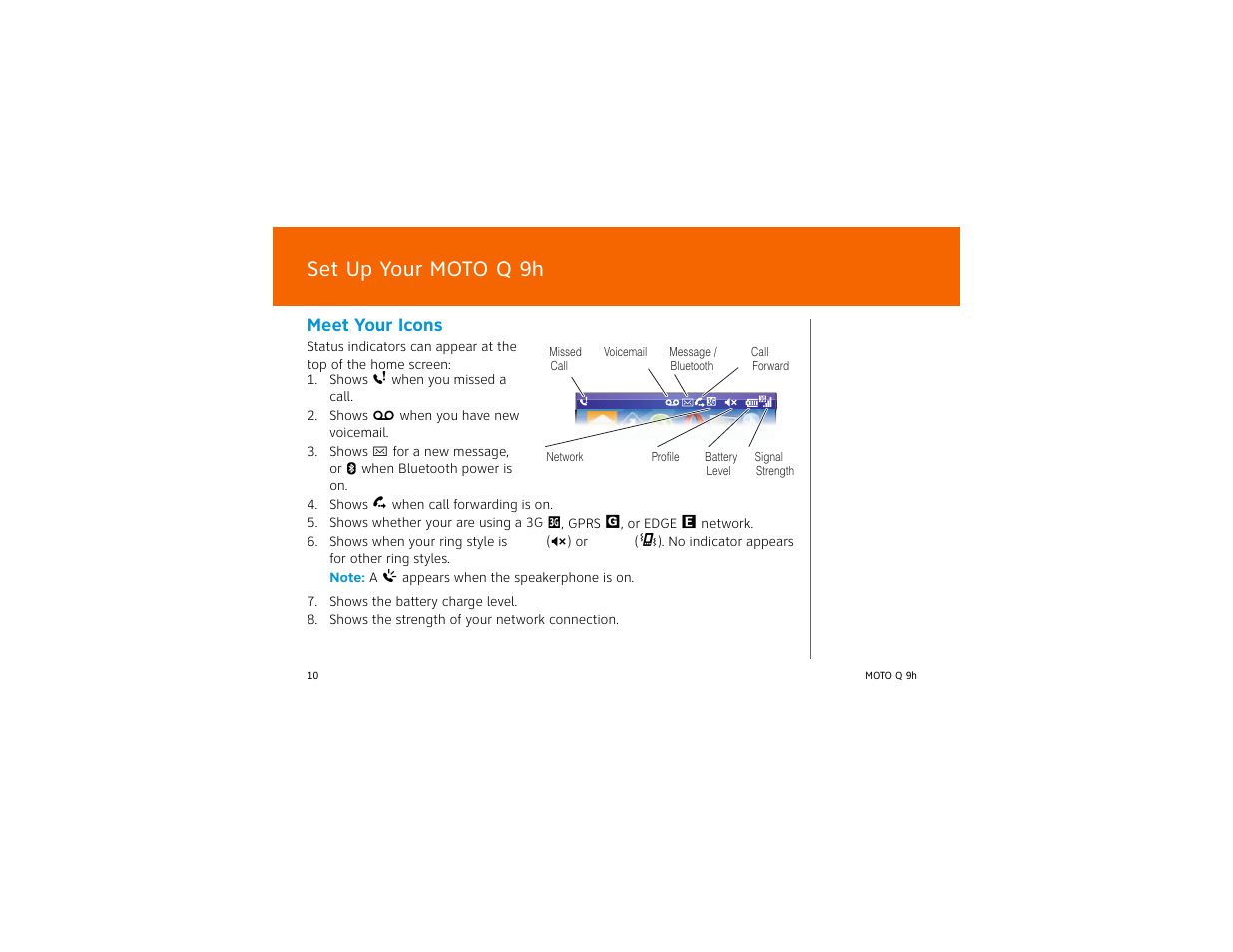 Set up your moto q 9h, Meet your icons | AT&T MOTO Q Q 9H User Manual | Page 10 / 43