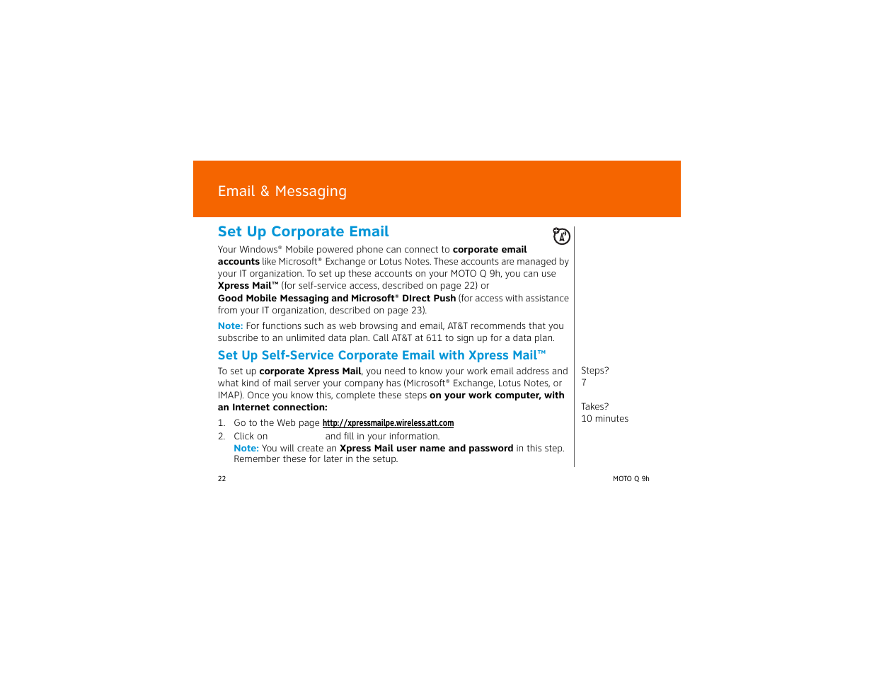 Set up corporate email, Email & messaging | AT&T MOTO Q Q 9H User Manual | Page 22 / 43