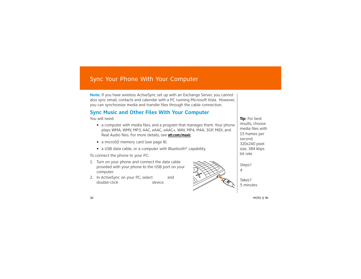 Sync your phone with your computer, Sync music and other files with your computer | AT&T MOTO Q Q 9H User Manual | Page 30 / 43