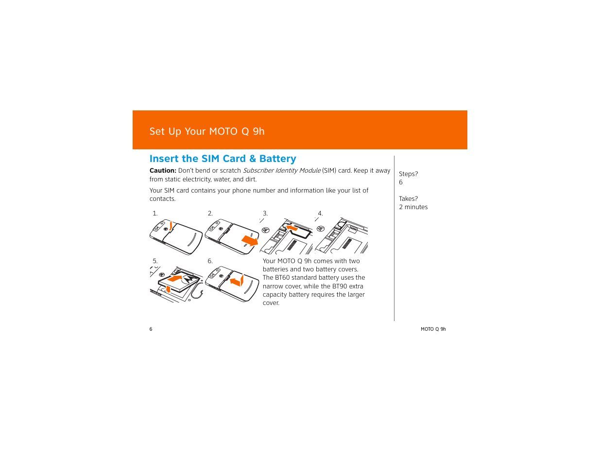 Set up your moto q 9h, Insert the sim card & battery | AT&T MOTO Q Q 9H User Manual | Page 6 / 43