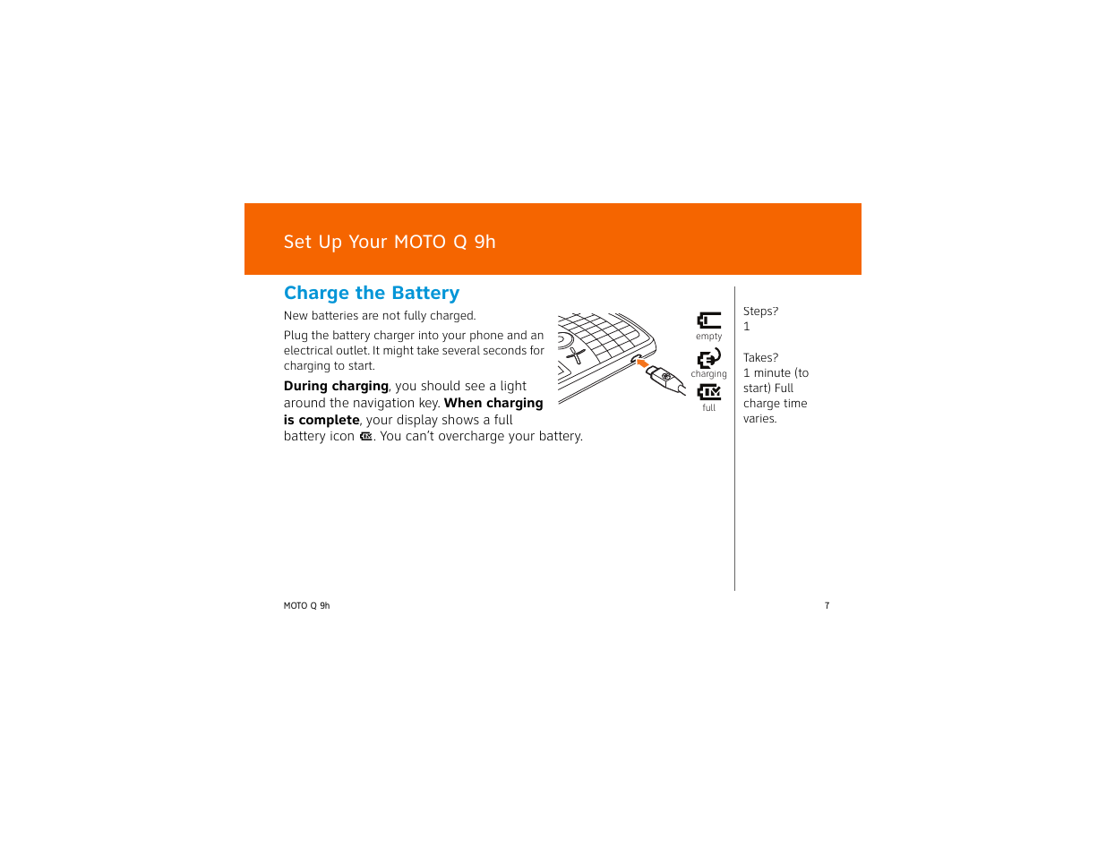 Charge the battery, Set up your moto q 9h | AT&T MOTO Q Q 9H User Manual | Page 7 / 43