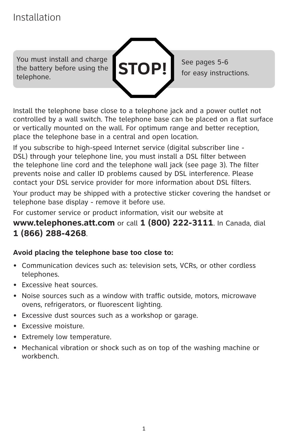 Stop, Installation | AT&T DECT CL84209 User Manual | Page 2 / 12
