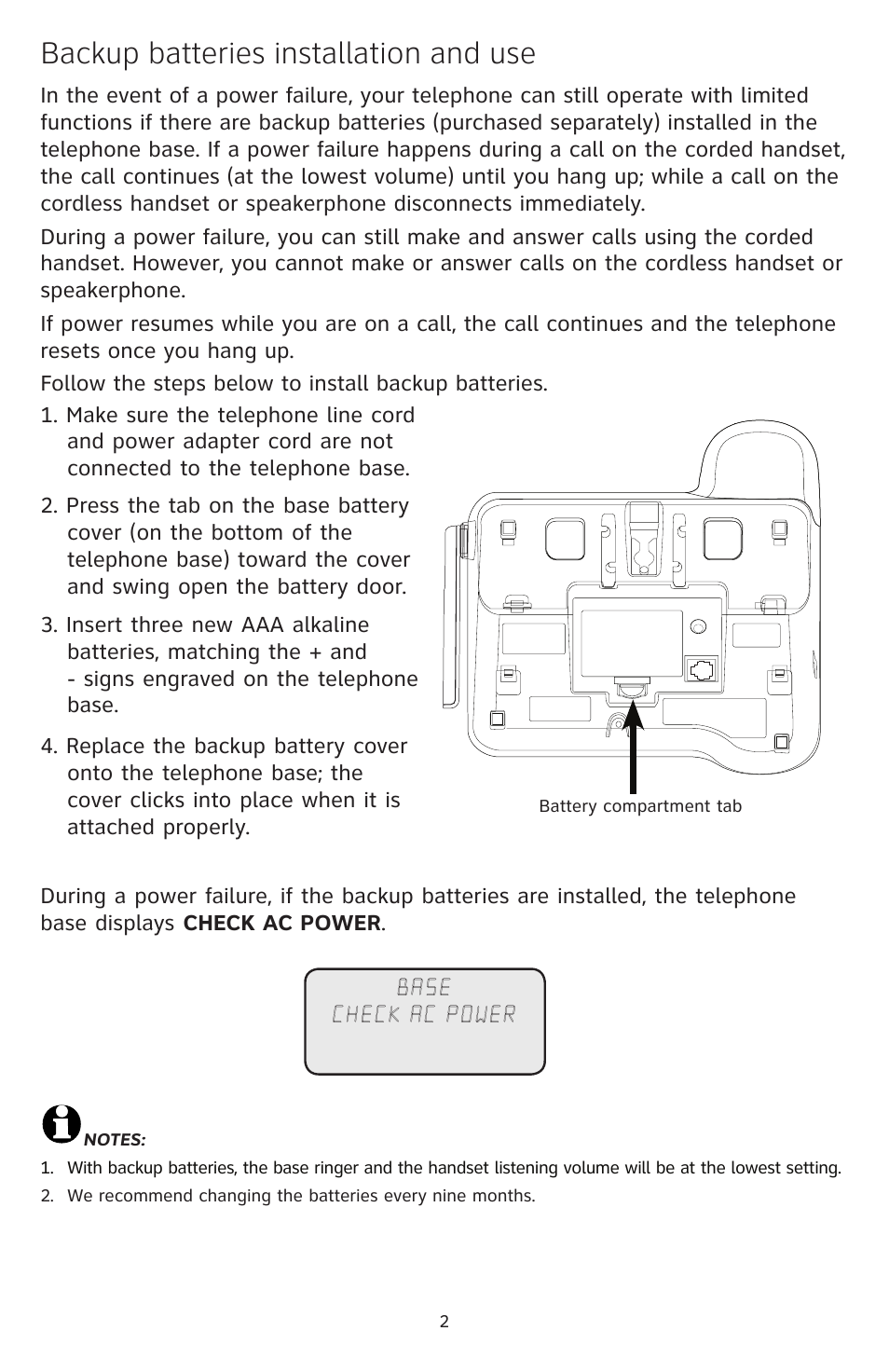Backup batteries installation and use | AT&T DECT CL84209 User Manual | Page 3 / 12