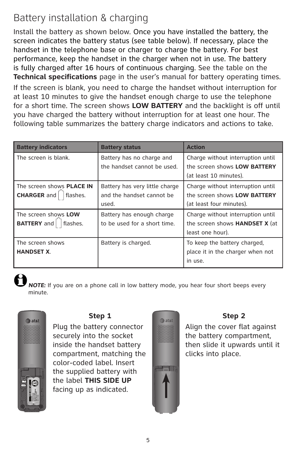 Battery installation & charging | AT&T DECT CL84209 User Manual | Page 6 / 12