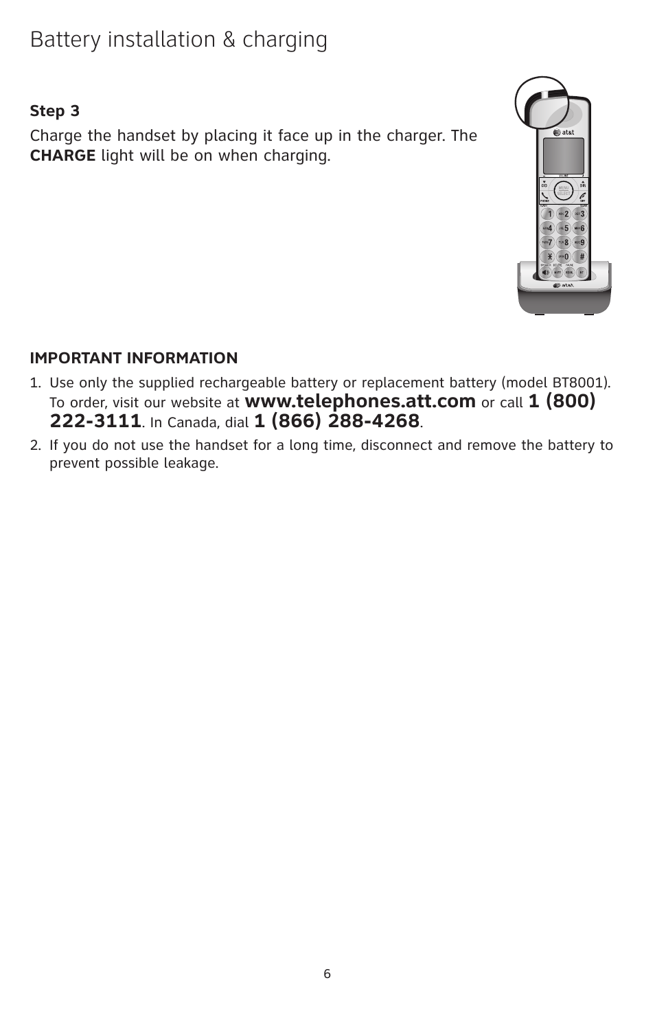 Battery installation & charging | AT&T DECT CL84209 User Manual | Page 7 / 12