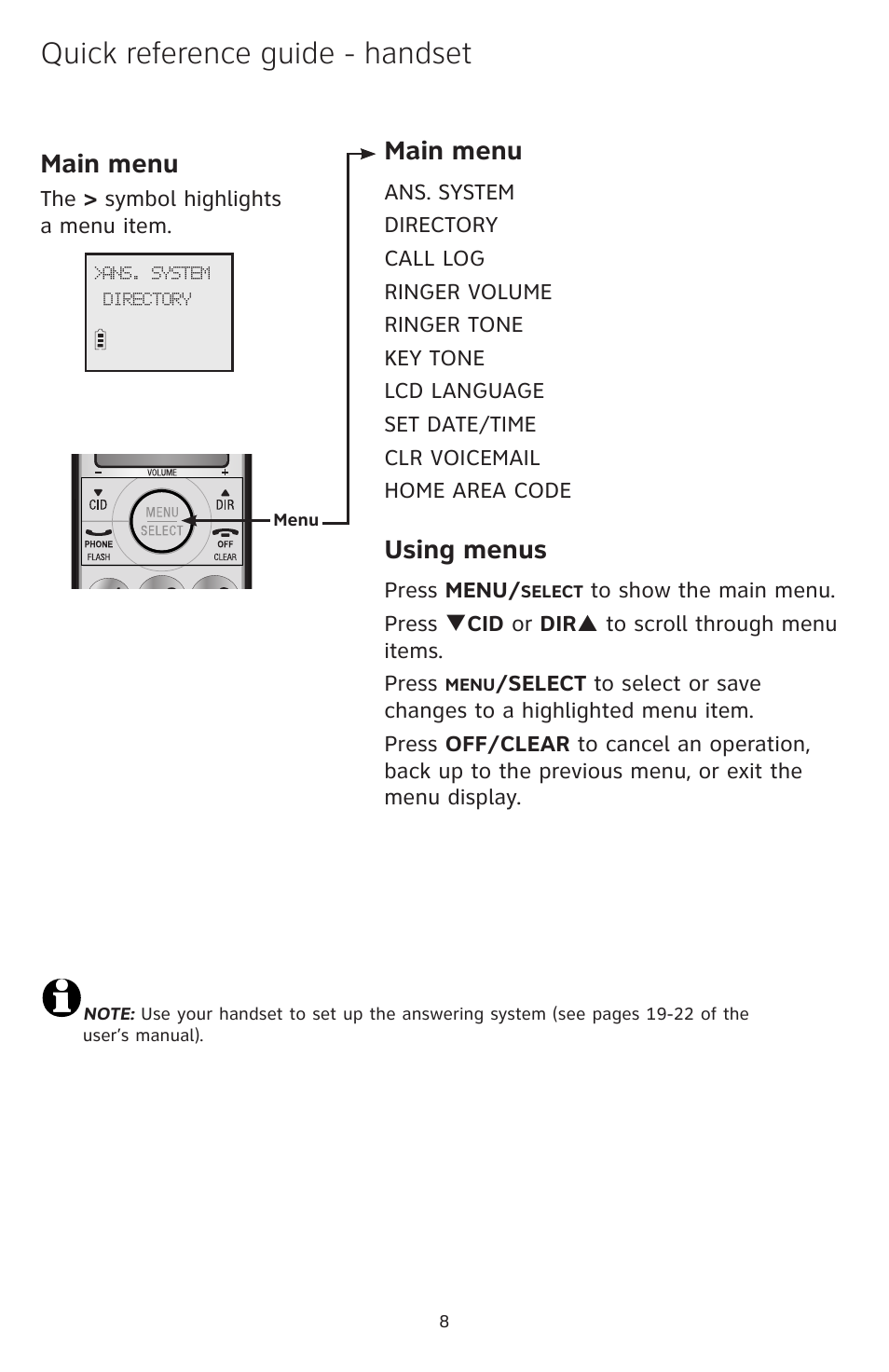 Quick reference guide - handset, Main menu, Using menus | AT&T DECT CL84209 User Manual | Page 9 / 12