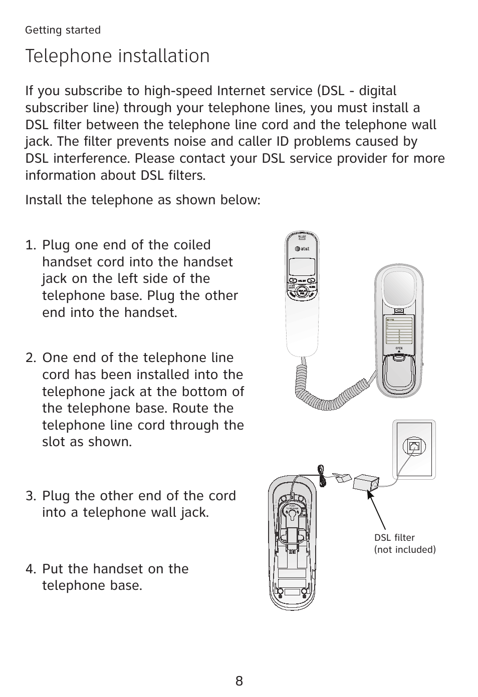Telephone installation | AT&T TRIMLINE TR1909 User Manual | Page 12 / 43