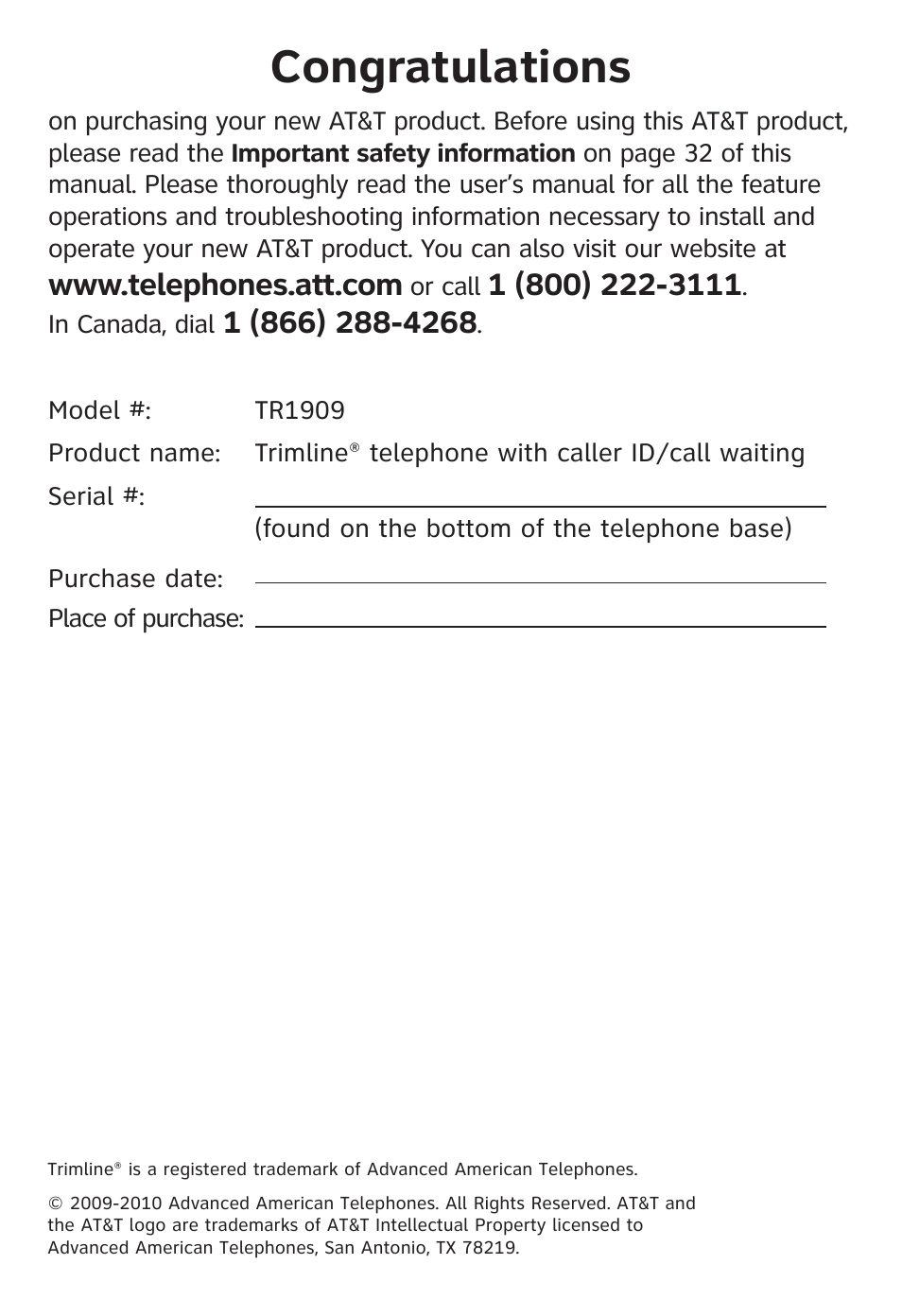 AT&T TRIMLINE TR1909 User Manual | Page 2 / 43