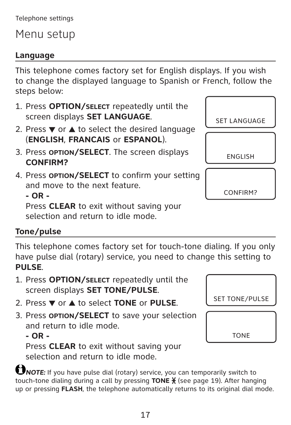 Menu setup | AT&T TRIMLINE TR1909 User Manual | Page 21 / 43