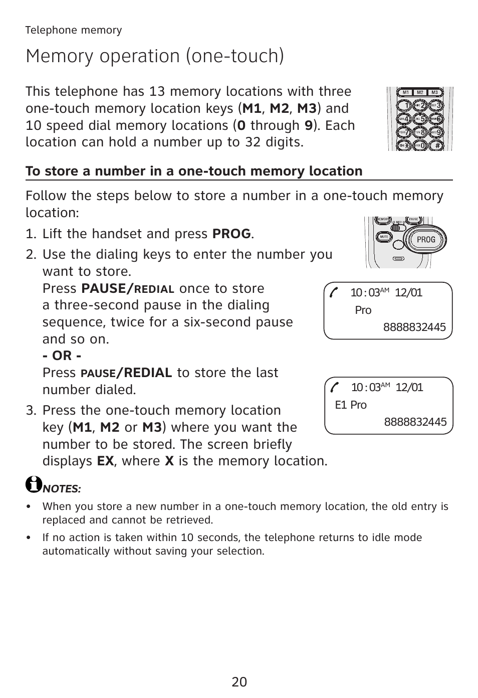Telephone memory, Memory operation (one-touch) | AT&T TRIMLINE TR1909 User Manual | Page 24 / 43