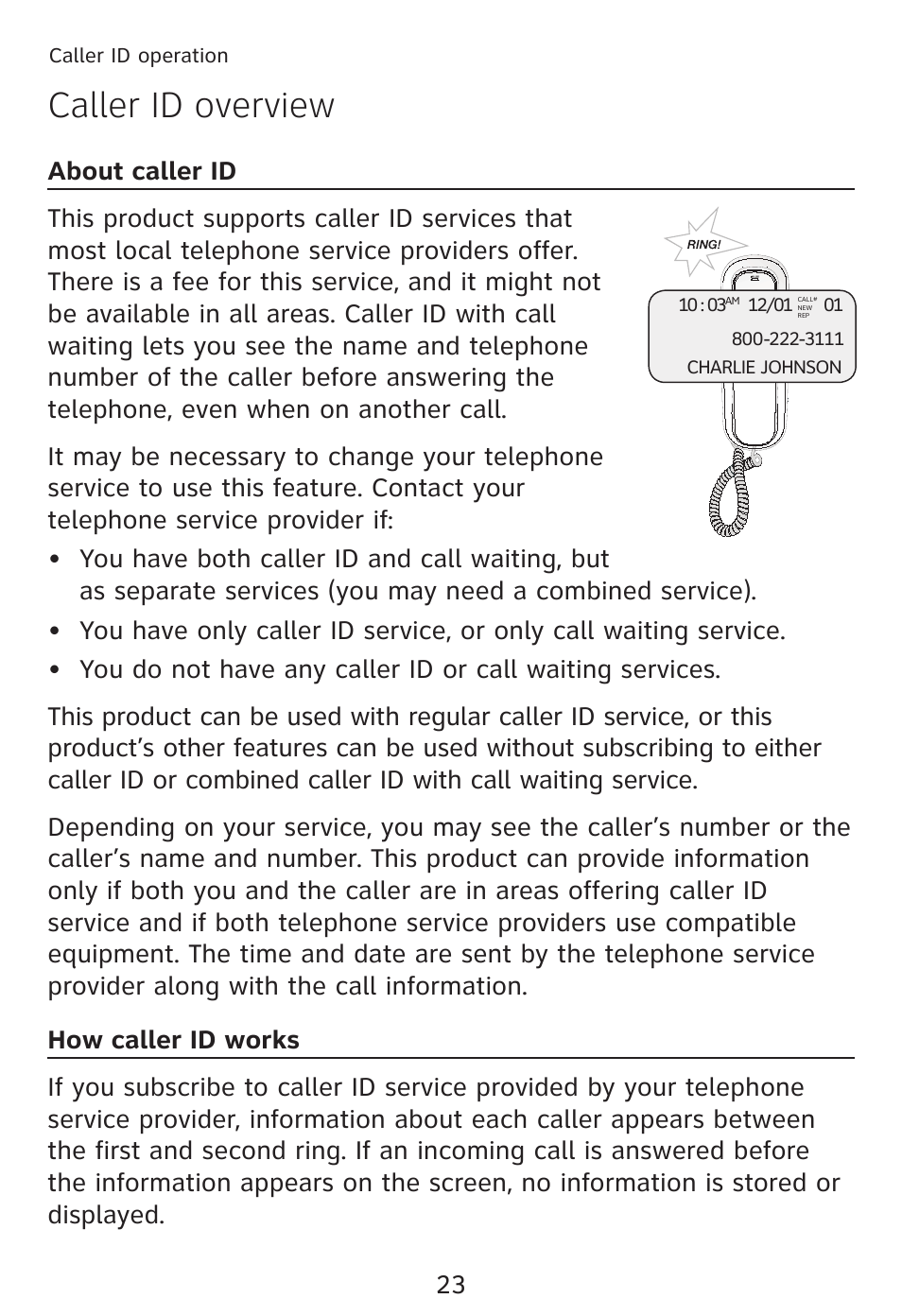 Caller id operation, Caller id overview | AT&T TRIMLINE TR1909 User Manual | Page 27 / 43