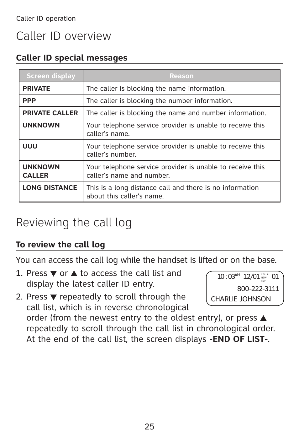 Reviewing the call log, Caller id overview reviewing the call log, Caller id special messages | AT&T TRIMLINE TR1909 User Manual | Page 29 / 43