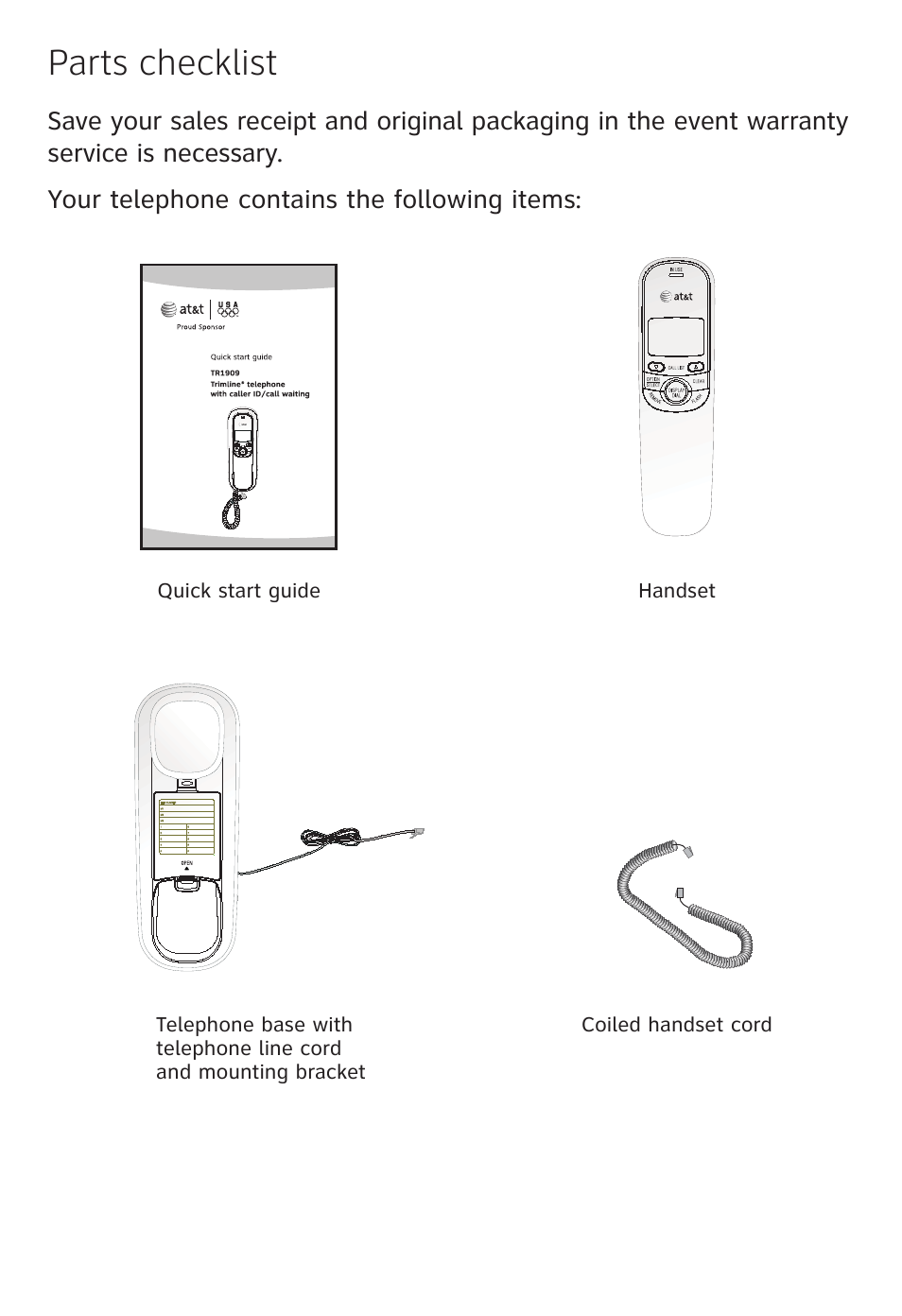 Parts checklist | AT&T TRIMLINE TR1909 User Manual | Page 3 / 43