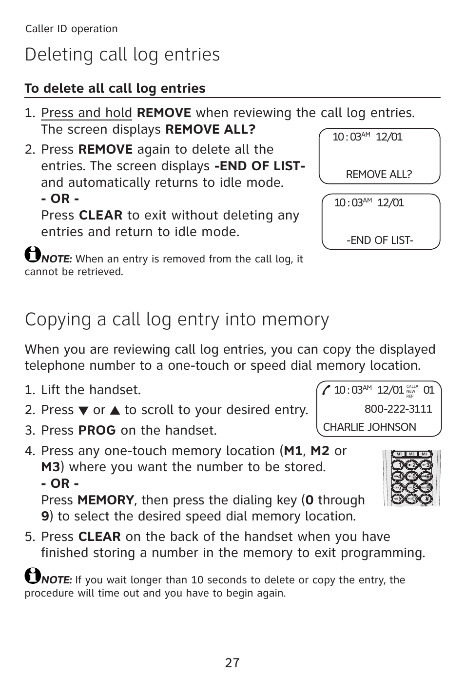 Copying a call log entry into memory, Deleting call log entries | AT&T TRIMLINE TR1909 User Manual | Page 31 / 43