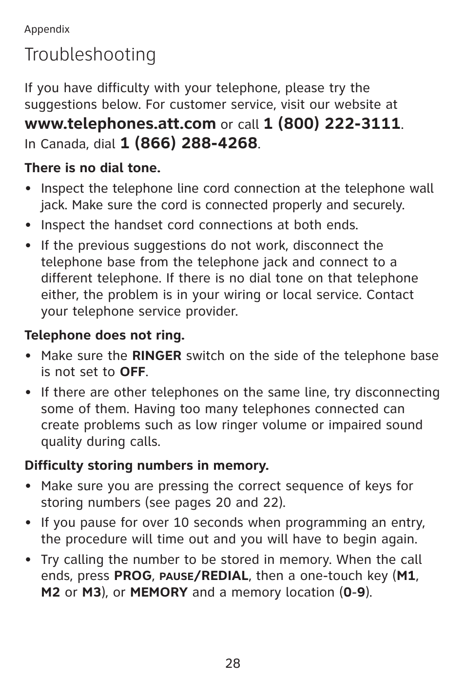 Appendix, Troubleshooting | AT&T TRIMLINE TR1909 User Manual | Page 32 / 43