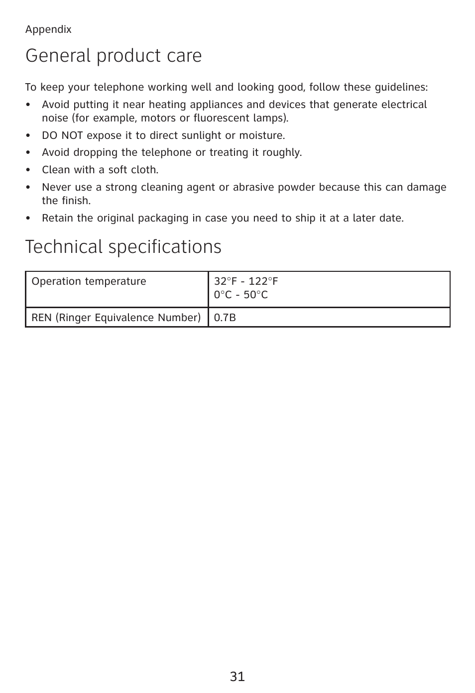 General product care, Technical specifications | AT&T TRIMLINE TR1909 User Manual | Page 35 / 43