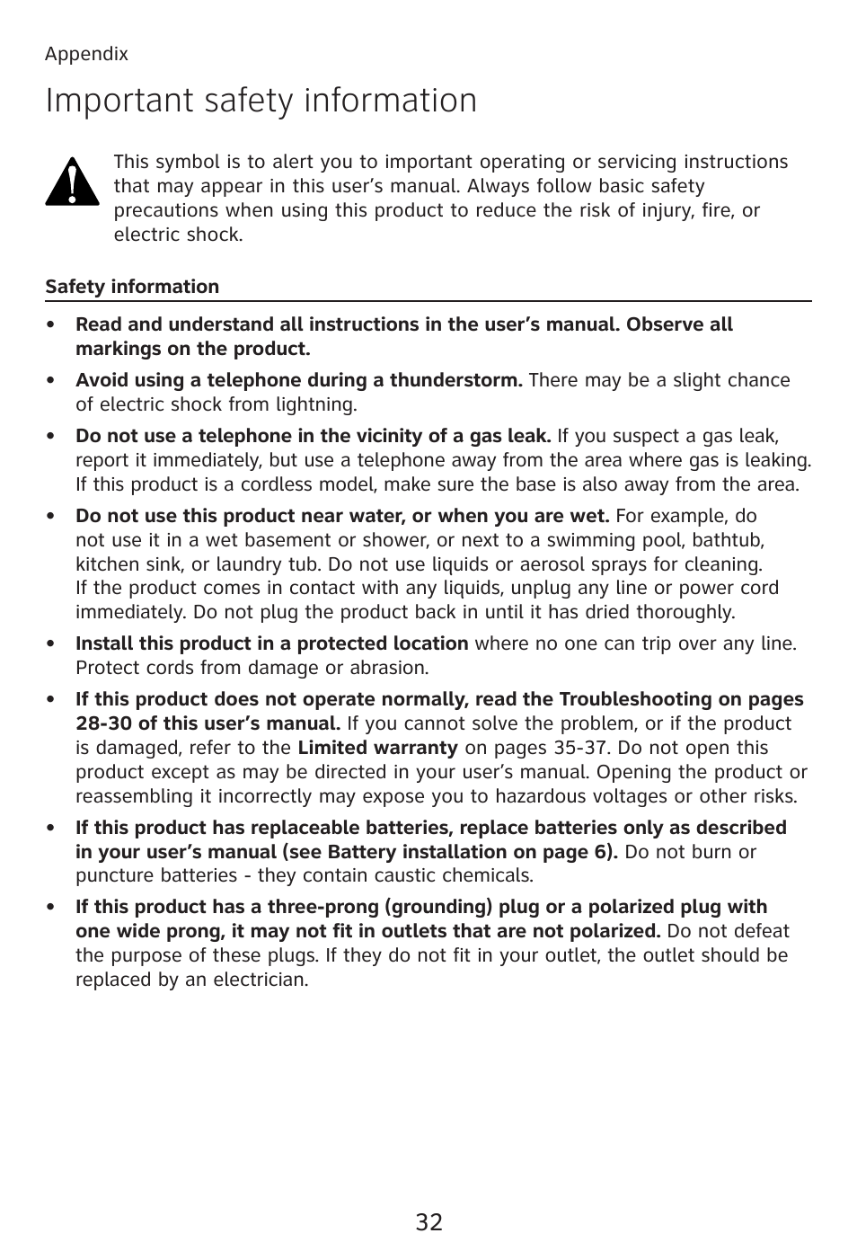 Important safety information | AT&T TRIMLINE TR1909 User Manual | Page 36 / 43