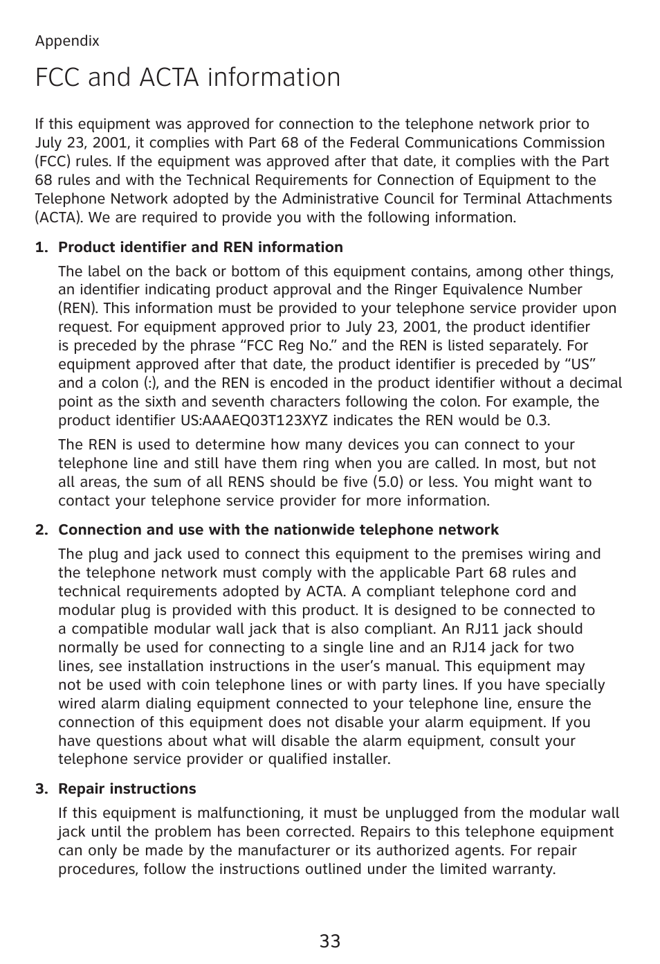 Fcc and acta information | AT&T TRIMLINE TR1909 User Manual | Page 37 / 43