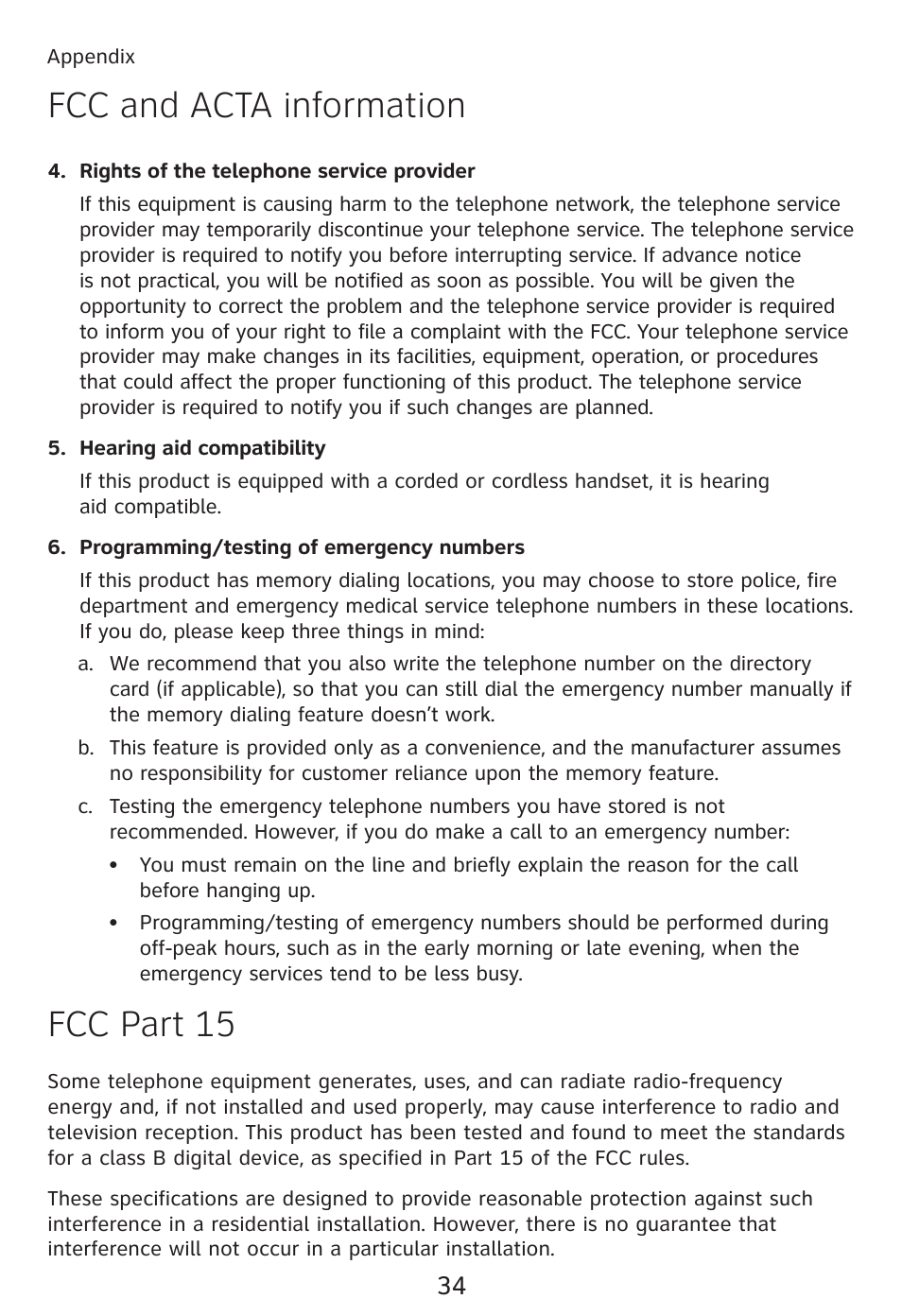 Fcc part 15, Fcc and acta information | AT&T TRIMLINE TR1909 User Manual | Page 38 / 43
