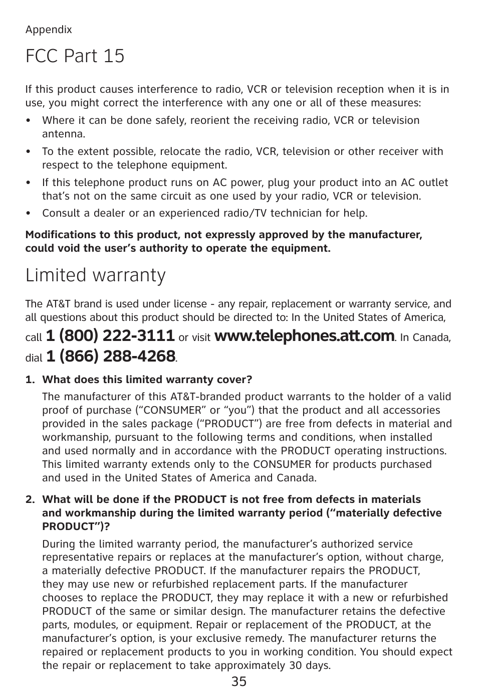 Limited warranty, Limited warranty fcc part 15 | AT&T TRIMLINE TR1909 User Manual | Page 39 / 43