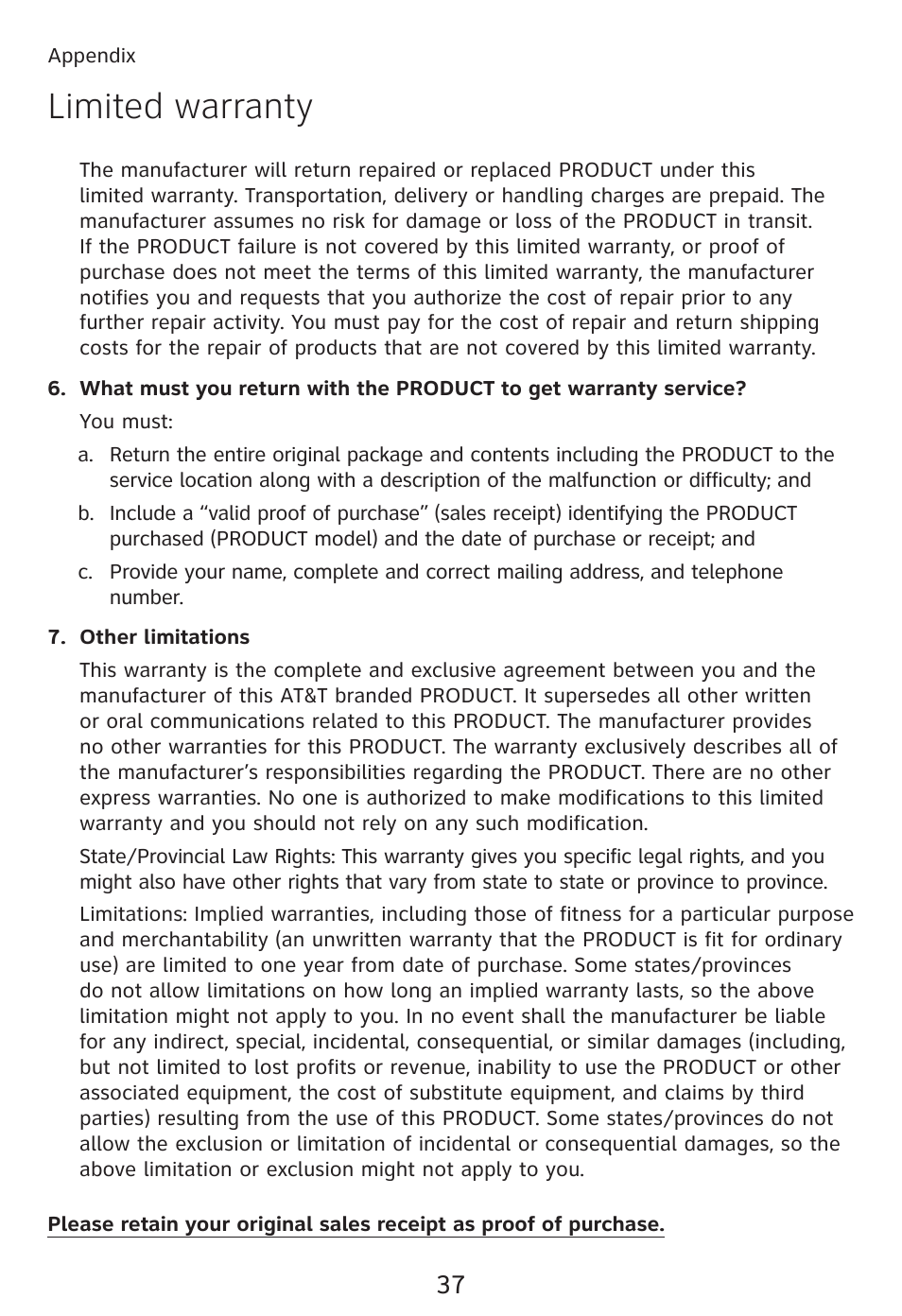 Limited warranty | AT&T TRIMLINE TR1909 User Manual | Page 41 / 43