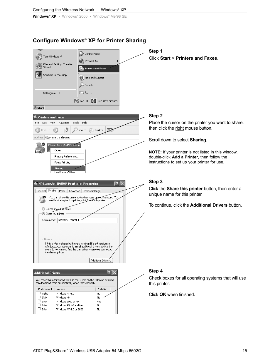 Configure windows, Xp for printer sharing | AT&T PLUG&SHARE 6602G User Manual | Page 15 / 38