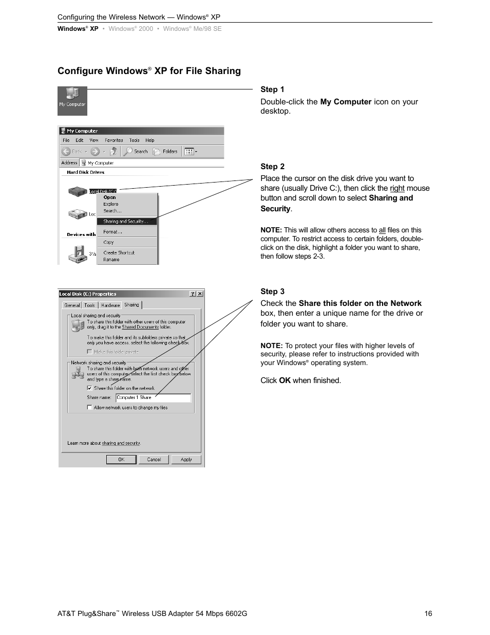Configure windows, Xp for file sharing | AT&T PLUG&SHARE 6602G User Manual | Page 16 / 38