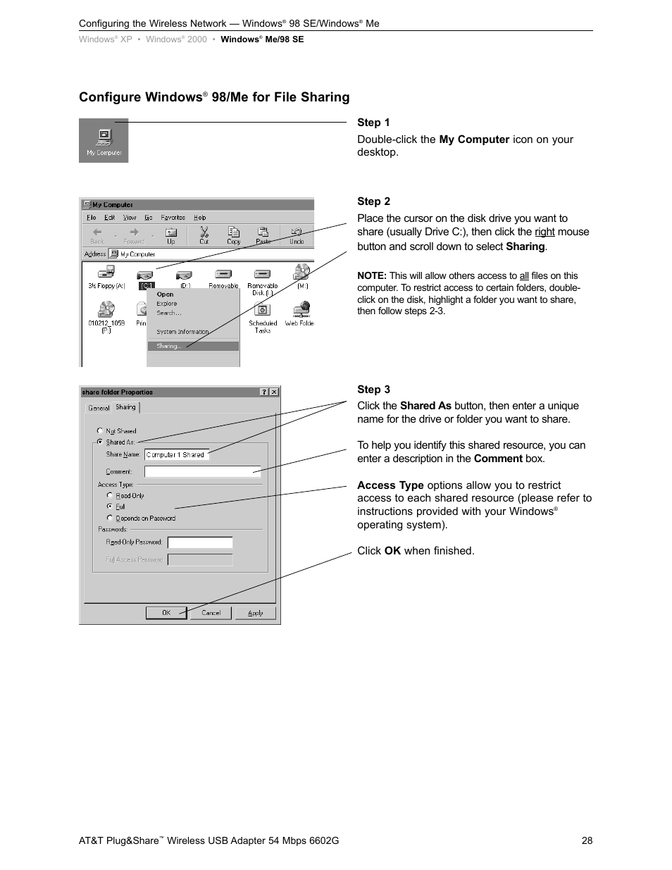 Configure windows, 98/me for file sharing | AT&T PLUG&SHARE 6602G User Manual | Page 28 / 38