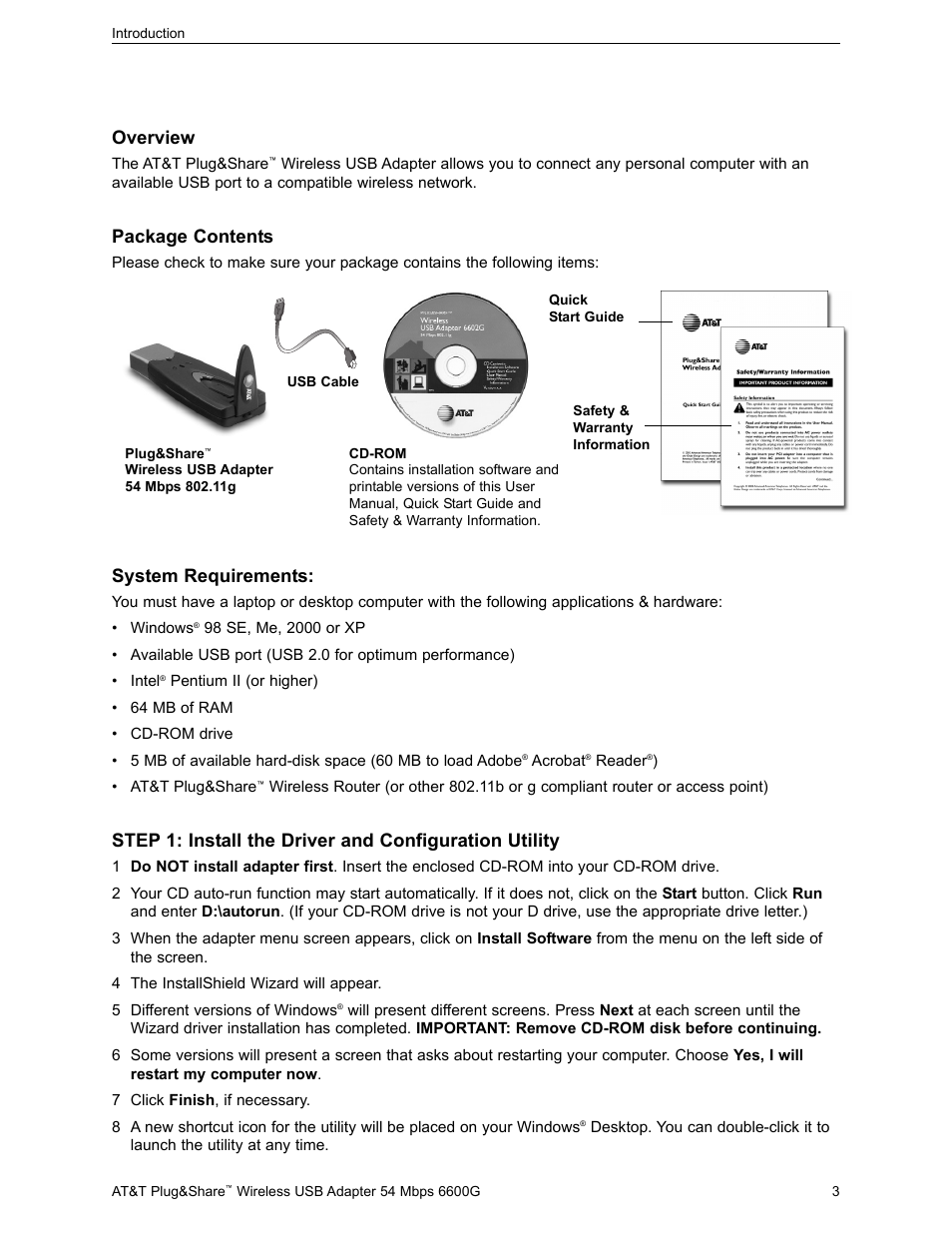 Overview, Package contents, System requirements | AT&T PLUG&SHARE 6602G User Manual | Page 3 / 38