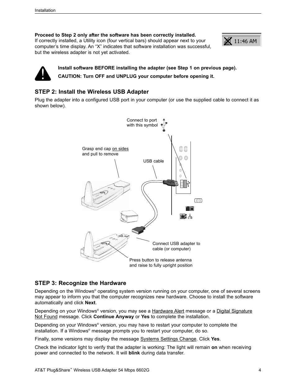 Step 3: recognize the hardware, Step 2: install the wireless usb adapter | AT&T PLUG&SHARE 6602G User Manual | Page 4 / 38