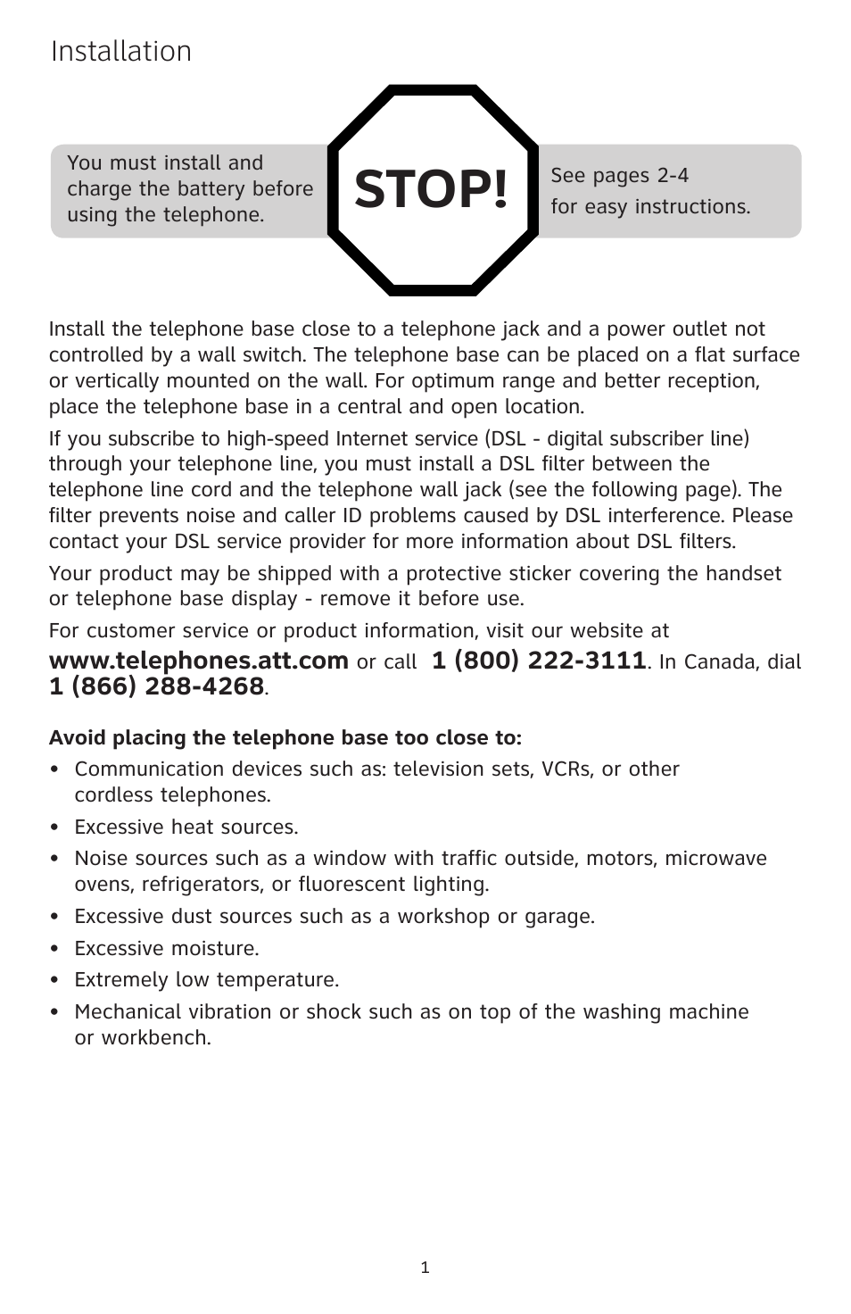 Stop, Installation | AT&T CL82400 User Manual | Page 2 / 10