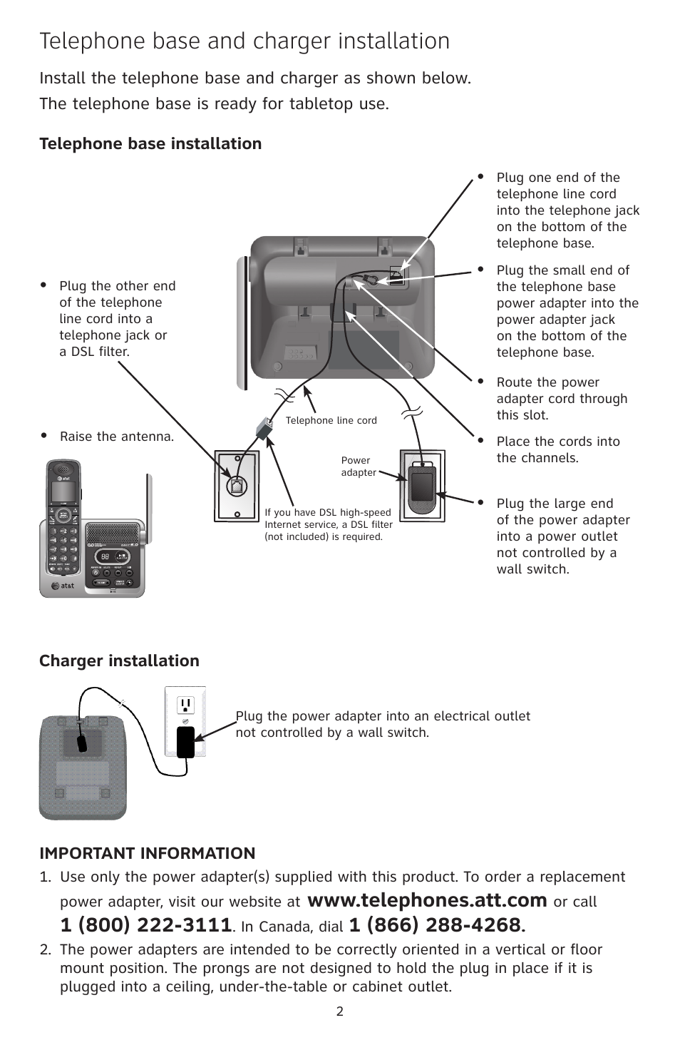 Telephone base and charger installation | AT&T CL82400 User Manual | Page 3 / 10