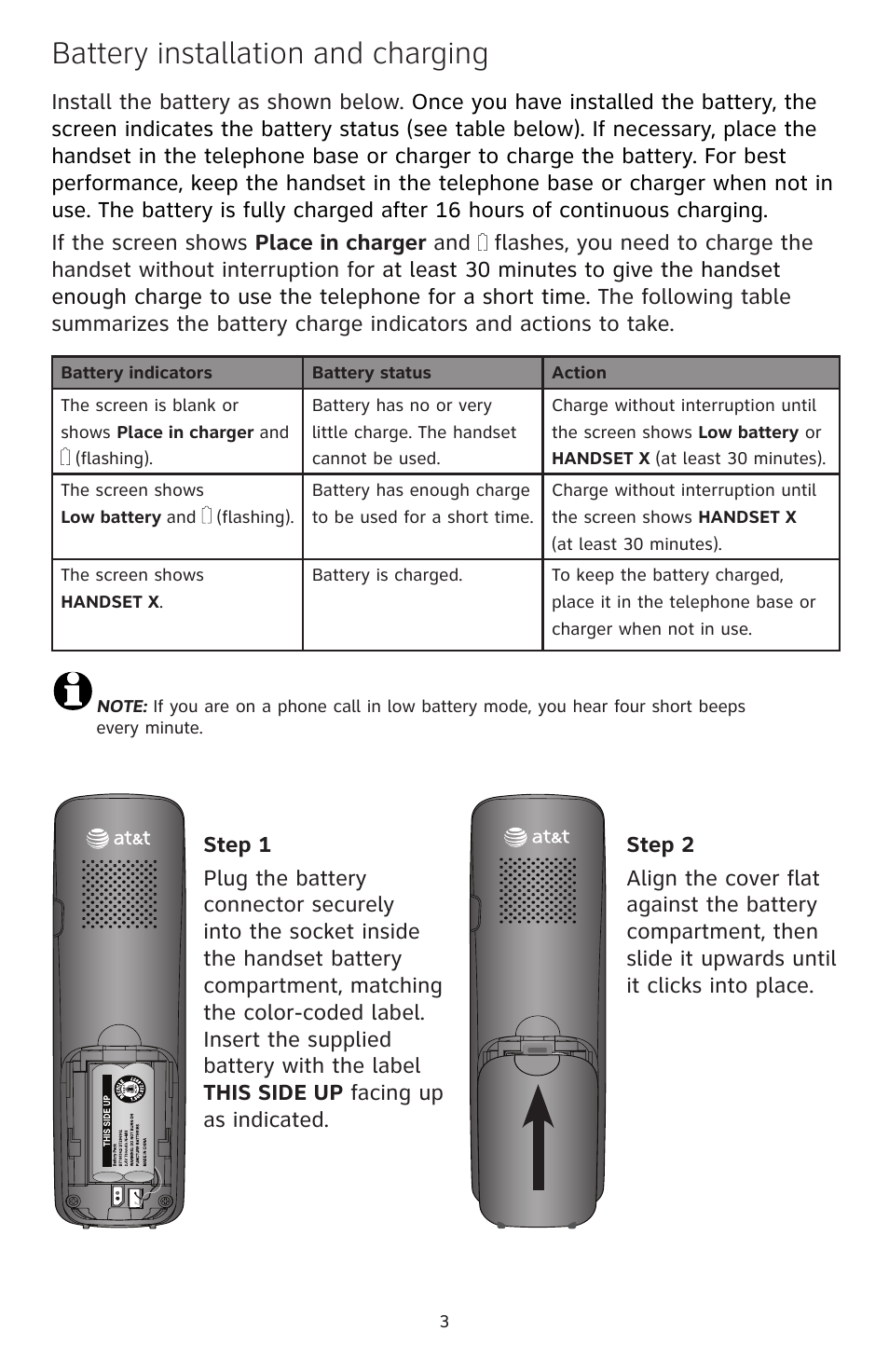 Battery installation and charging | AT&T CL82400 User Manual | Page 4 / 10