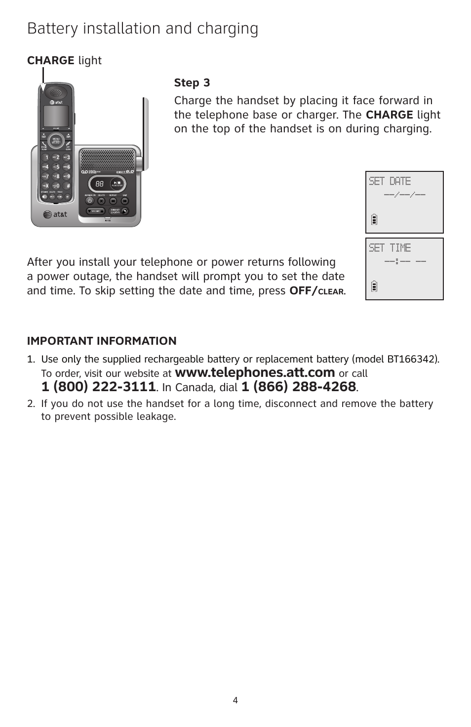 Battery installation and charging | AT&T CL82400 User Manual | Page 5 / 10