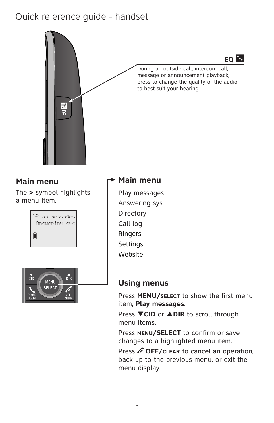 Quick reference guide - handset, Main menu, Using menus | AT&T CL82400 User Manual | Page 7 / 10