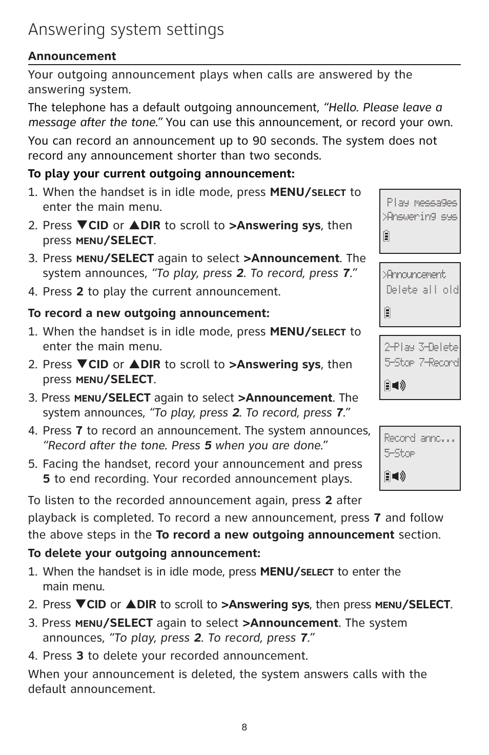 Answering system settings | AT&T CL82400 User Manual | Page 9 / 10