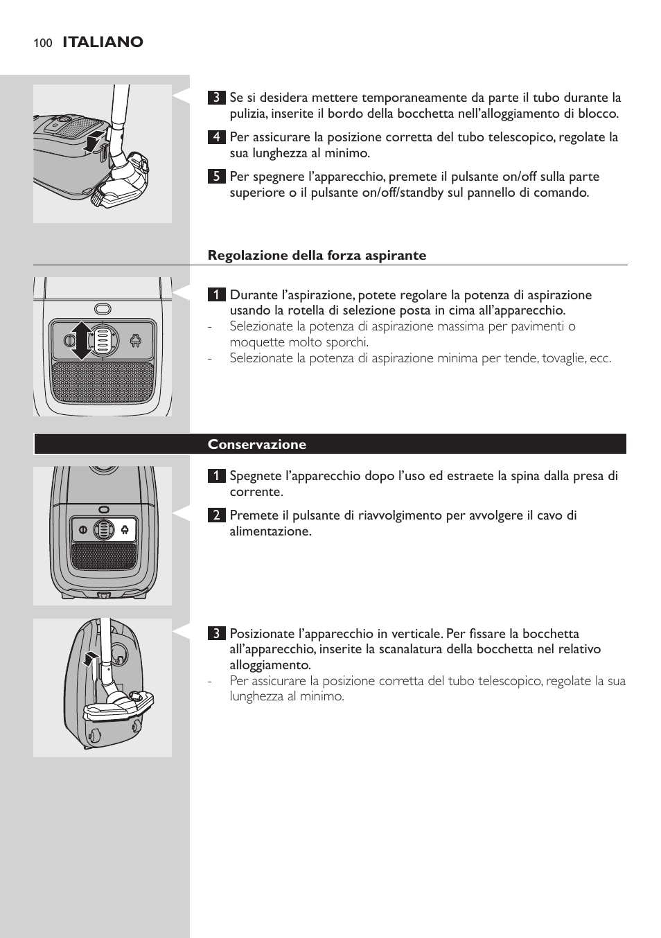 Regolazione della forza aspirante, Conservazione | Philips Studio Aspirateur avec sac User Manual | Page 100 / 170